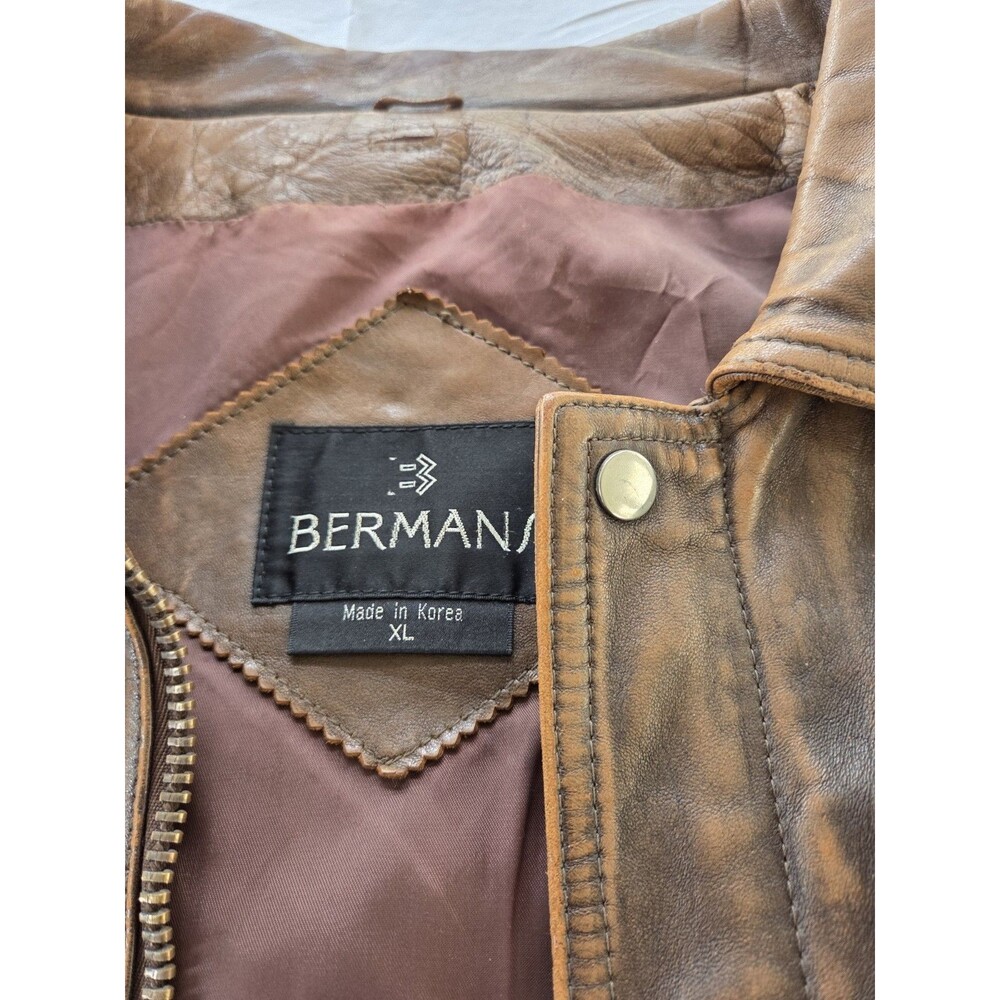 Vintage Bermans Leather Bomber Jacket XL Brown Distressed Made in Korea - Picture 5 of 16